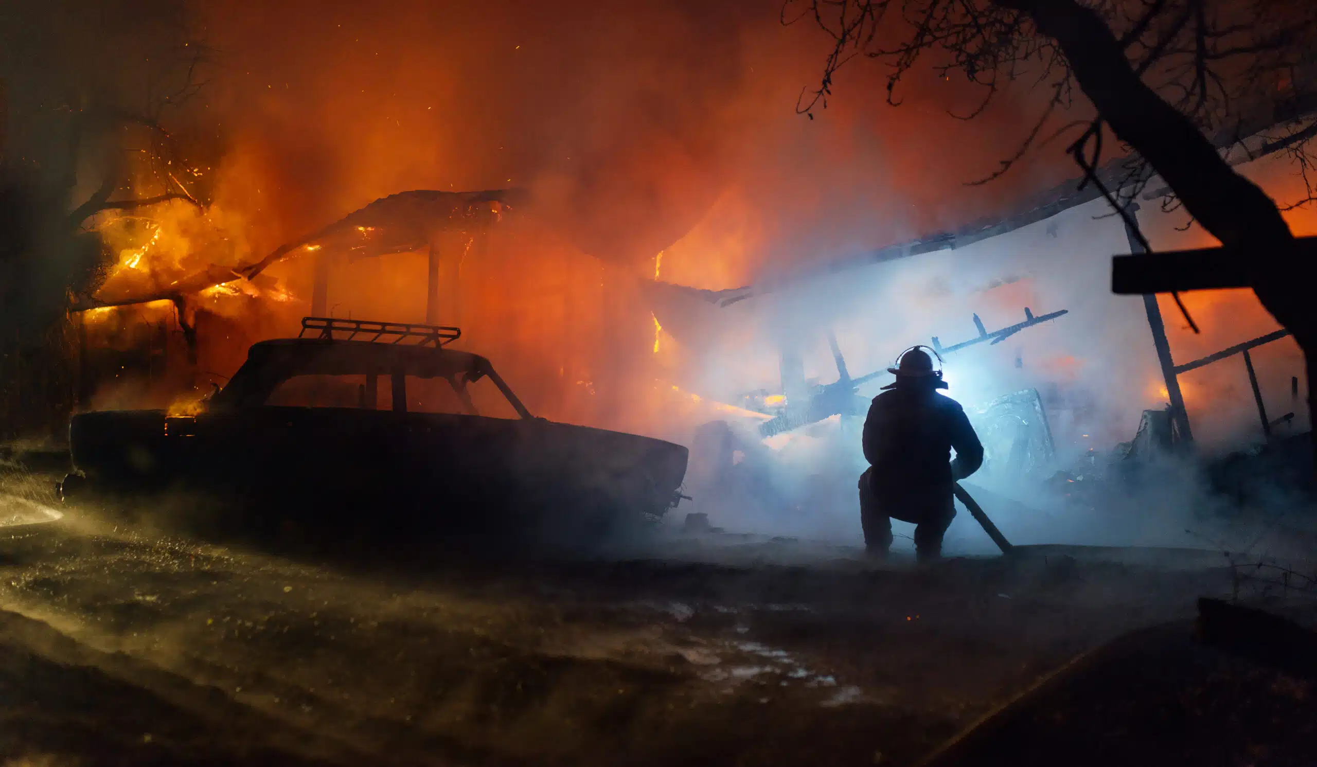 Firefighter putting with the hose out the fire of the house and car at night accident