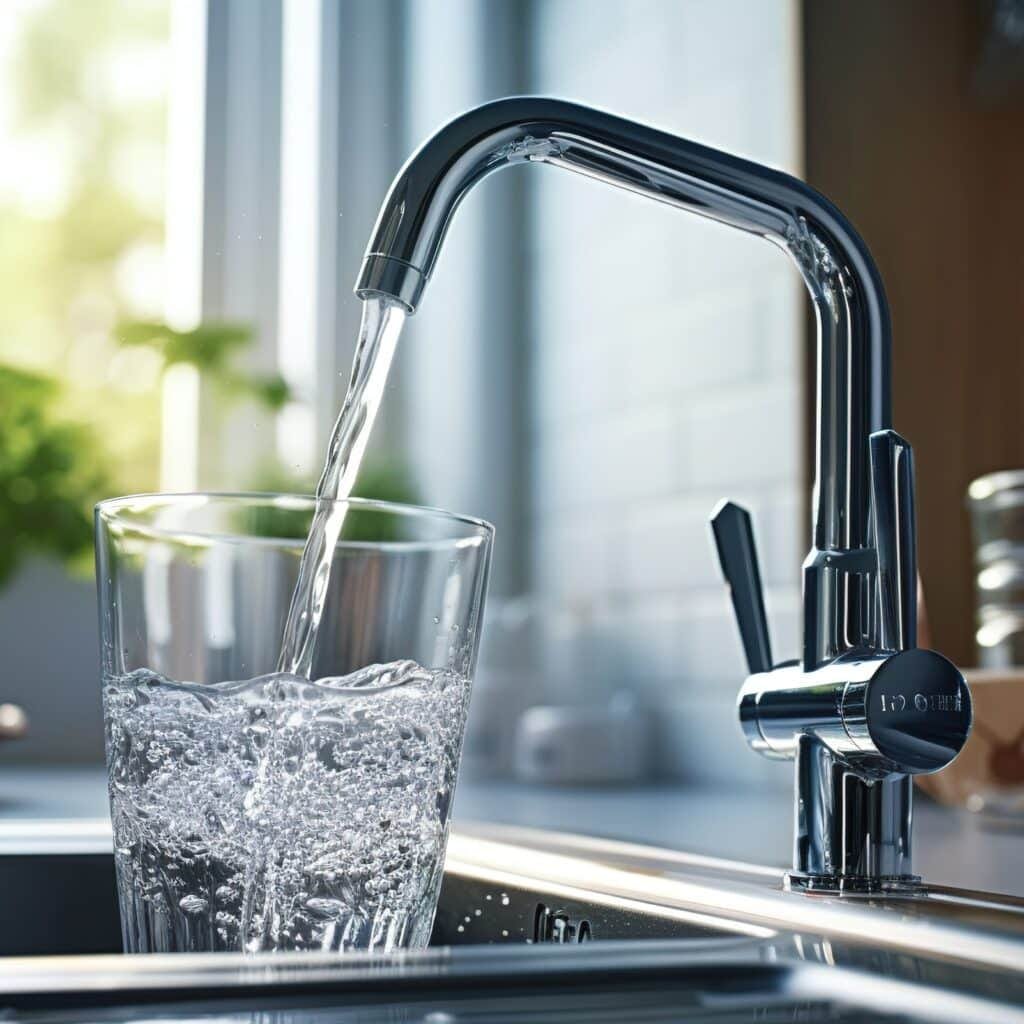 filtered water pours from sink