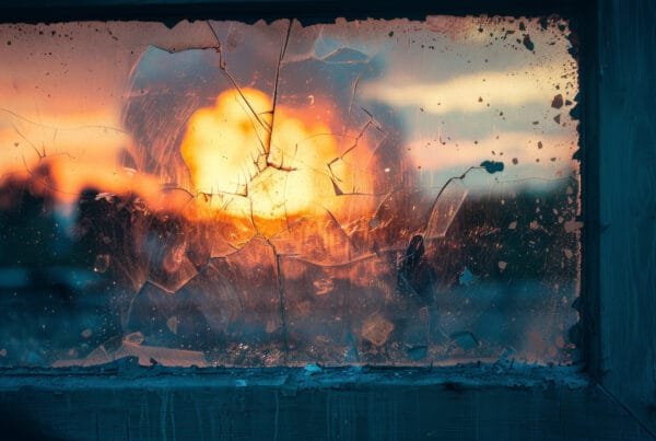 A cracked window with a vibrant sunset visible through it, casting an orange and blue glow.